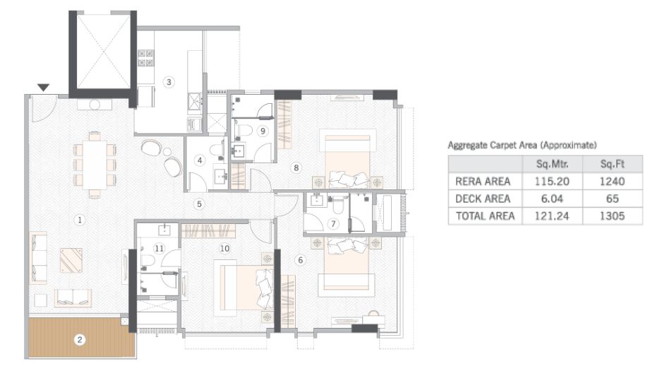 Esquina-Floor-Plan-3 BHK- 1305 Sqft